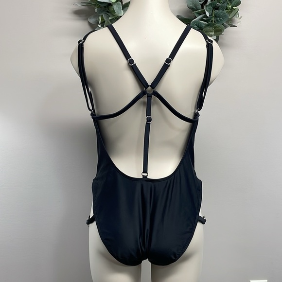 NWT Adore Me One Piece Swimsuit Black Strappy Silver Metal Ring Style #ADM54 L - Picture 5 of 14